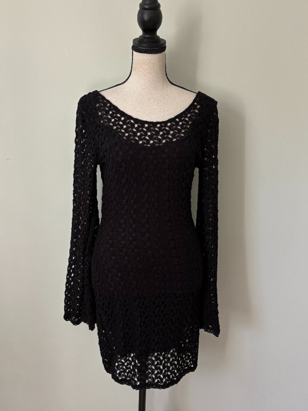 Free People Black Crochet Bell Sleeve Mini Dress Small Like New